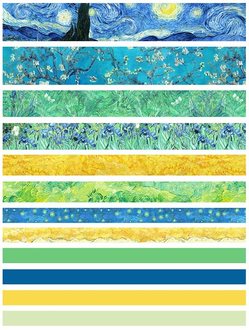 DAPUTOU Washi Tape Set of 12 Rolls Van Gogh Starry Night Decorative Green Leaves Floral Blue Yellow Washi Masking Tape Sets for Craft Kids Scrapbook DIY Gift Wrapping(Yellow) - Image 2